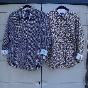 Lot x 2 Chaps No Iron Button Up Shirts 1X Floral & Polka Dots Cotton Flip Cuff
